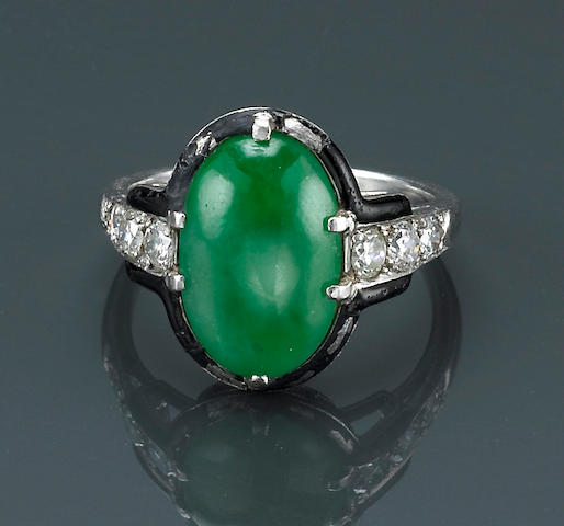 An art deco jadeite jade, diamond and enamel ring, Cartier,