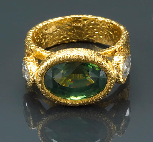 A green zircon and diamond ring