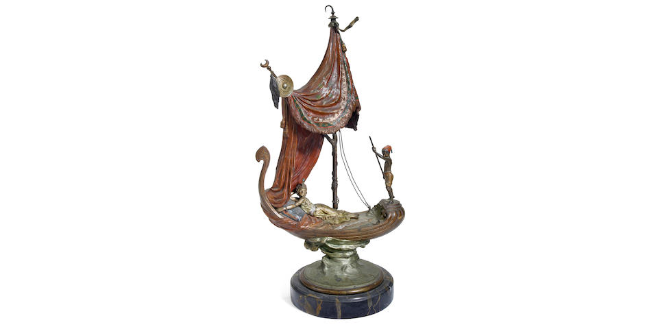 A Franz Bergman cold painted bronze figural lamp: Cleopatra's Barge circa 1900