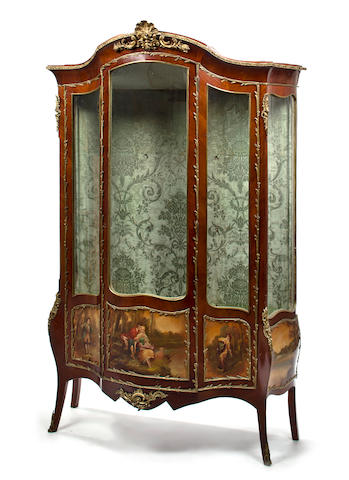 A Louis XV style gilt-bronze mounted and Vernis Martin decorated mahogany and kingwood vitrine cabinet early 20th century