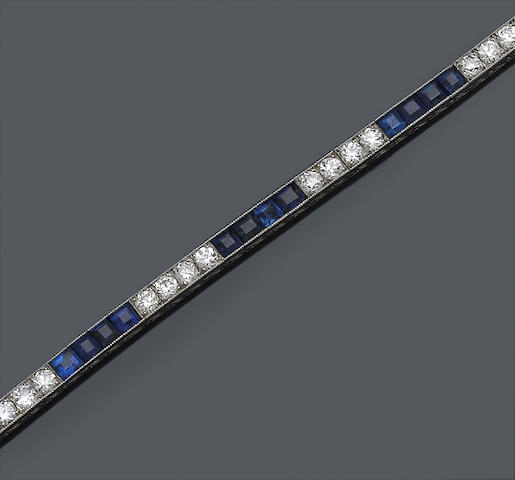 An art deco sapphire and diamond straightline bracelet,