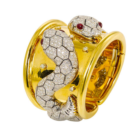 A diamond, ruby and eighteen karat gold bangle bracelet, Valentin Magro,