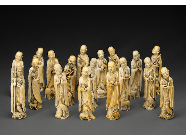 A set of carved ivory eighteen lohan 19th Century