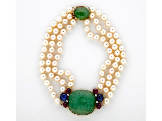 A carved emerald, cultured pearl, ruby, sapphire and diamond necklace, Seaman Schepps
