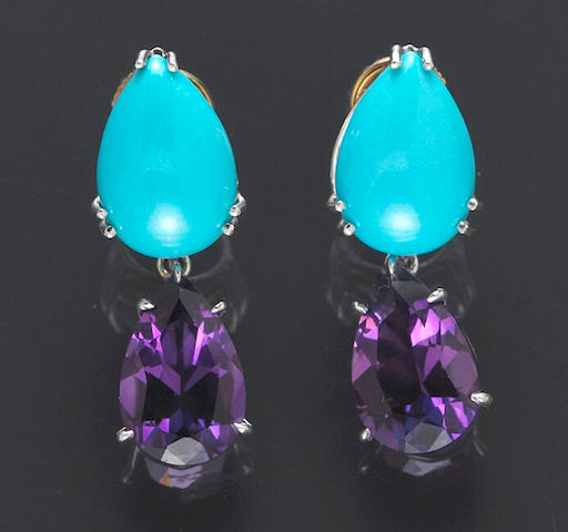 A pair of turquoise and amethyst earrings, Tito Pedrini