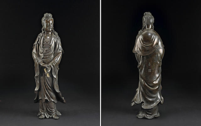 A monumental bronze Guanyin with silver wire inlay Qing Dynasty