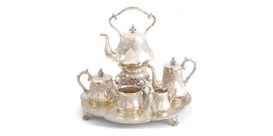 Victorian silver five piece tea and coffee set with matching tray by Robert Hennell II