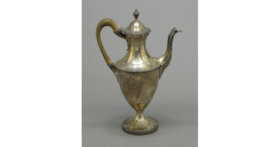 George III silver coffee pot with wooden handle by Walter Brind