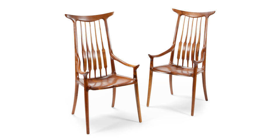 A pair of Sam Maloof walnut horn-back spindle open armchairs 1990