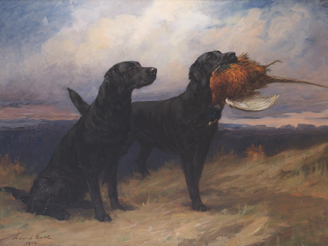 Maud Earl (British, 1864-1943) Portrait of the Black Labrador 'Peter of Faskally' holding a cock pheasant, with his mate 'Dungavel Jet' in a landscape 45 11/16 x 65 3/4 in. (116 x 167 cm.)