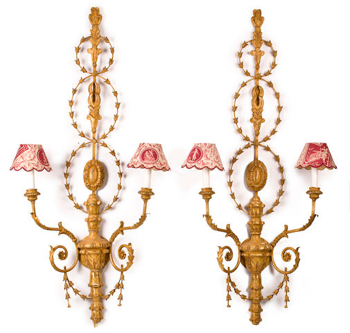 A pair of Neoclassical style giltwood two-light wall appliques 20th century