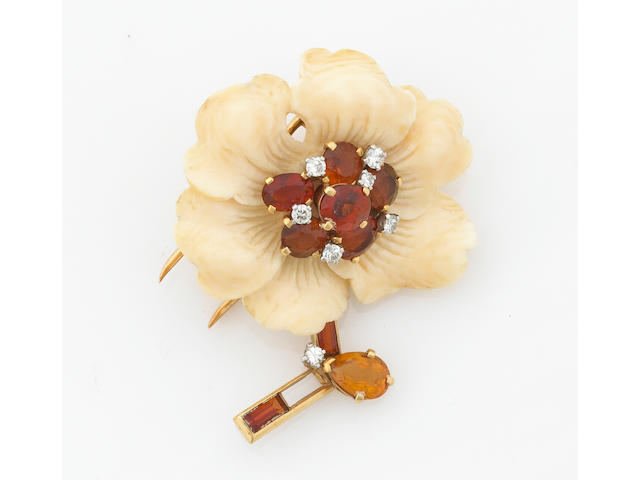 An ivory, citrine and diamond flower brooch, Cartier,