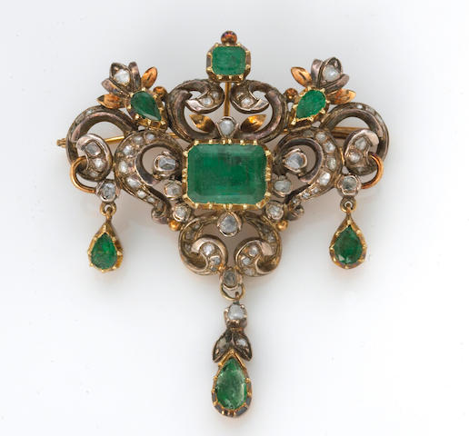Bonhams : A green beryl and diamond brooch-pendant