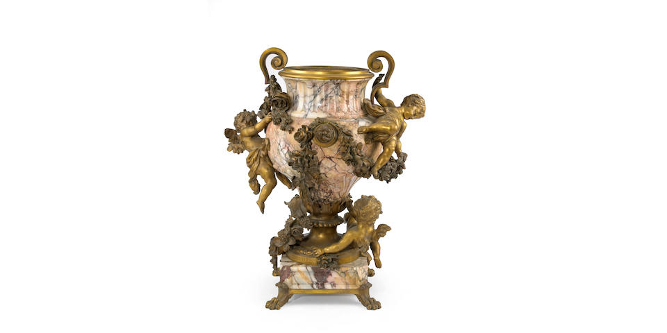 A fine Louis XV style gilt bronze mounted br&#232;che violette marble figural jardini&#232;re Robert Fr&#232;res  fourth quarter 19th century