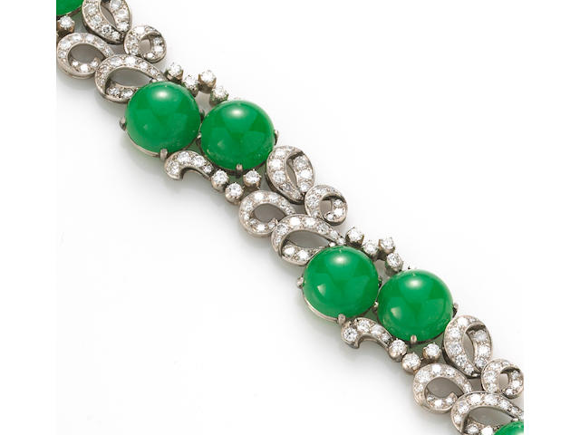 A jadeite jade and diamond bracelet