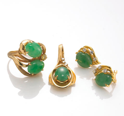 Bonhams : A jadeite jade and colored diamond ring, together with ...