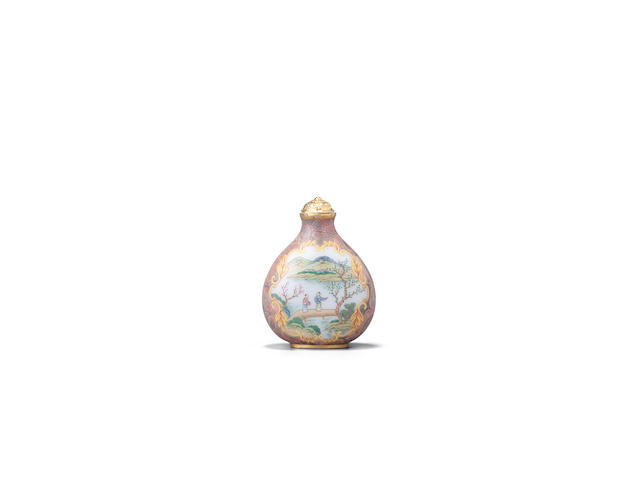 A very rare and unusual enameled white glass snuff bottle Imperial, Palace workshops, Qianlong four-character mark and of the period, circa 1750-1780