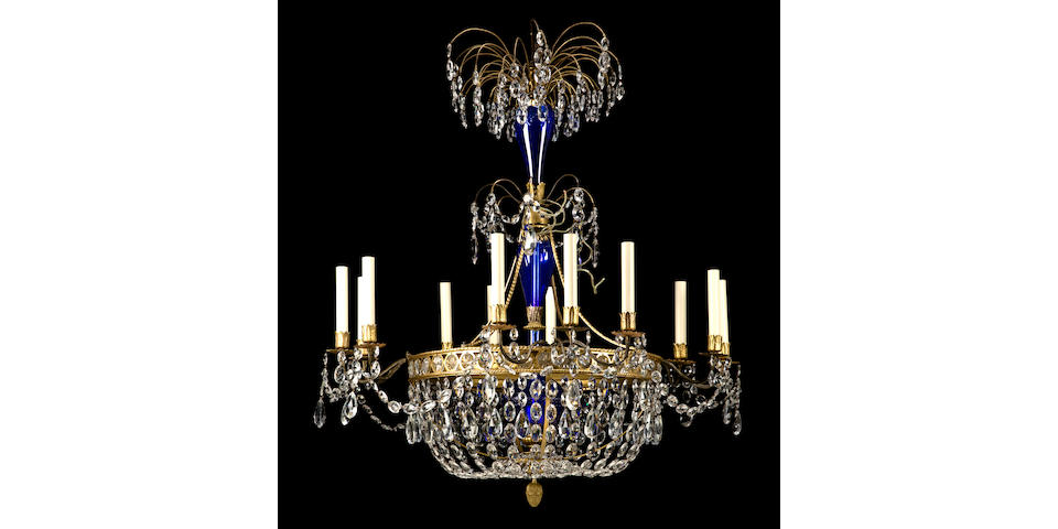 A Neoclassical gilt bronze mounted blue and clear glass twelve-light chandelier circa 1800 and later