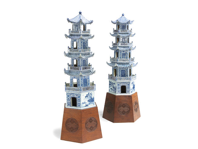 A pair of blue and white export porcelain five-story pagodas 19th Century