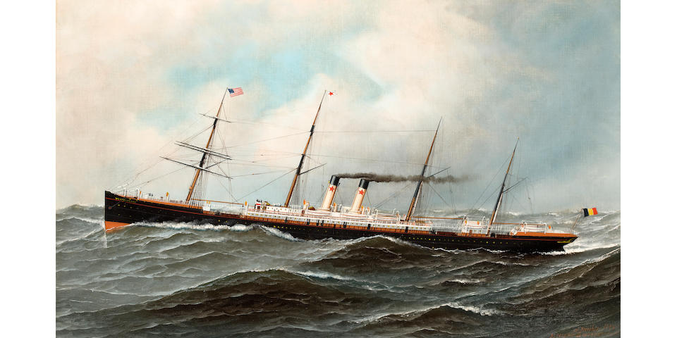 Antonio Nicolo Gasparo  Jacobsen (American, 1850-1921) The ship S.S. Westernland at sea 22 x 36 in. (55.9 x 91.4 cm.)