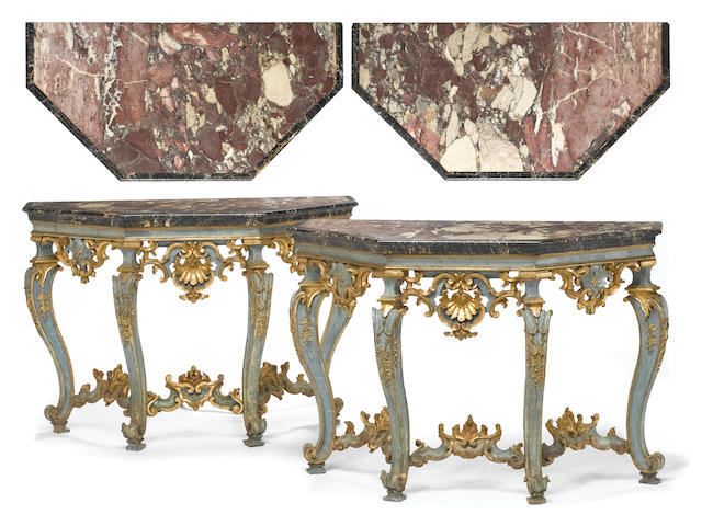 A fine pair of Venetian Rococo parcel gilt and blue painted consoles  third quarter 18th century