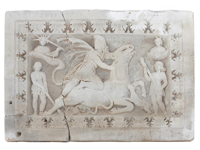 A Roman carved stone panel of Mithras Tauroctonus  2nd/3rd century A.D.