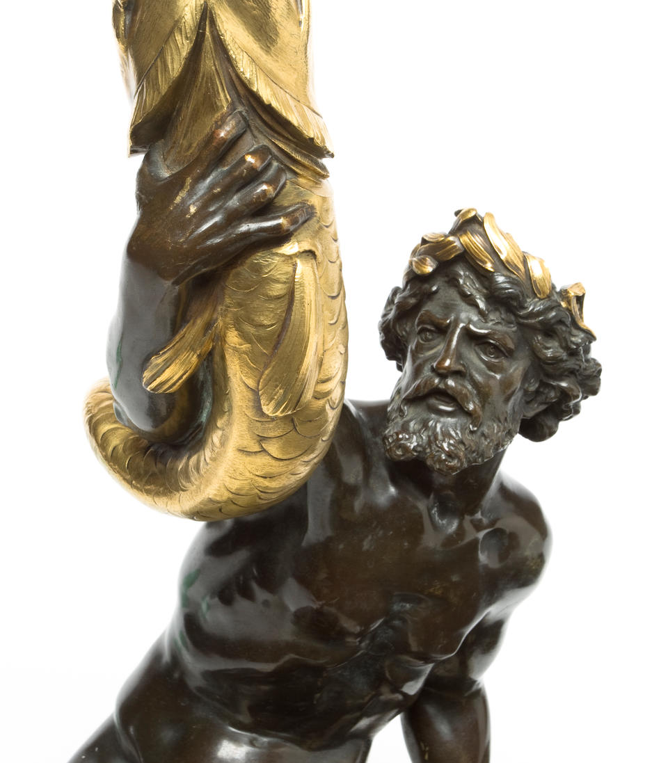 A fine American parcel gilt, patinated bronze and marble figural lamp Edward F. Caldwell & Co., New York, circa 1910
