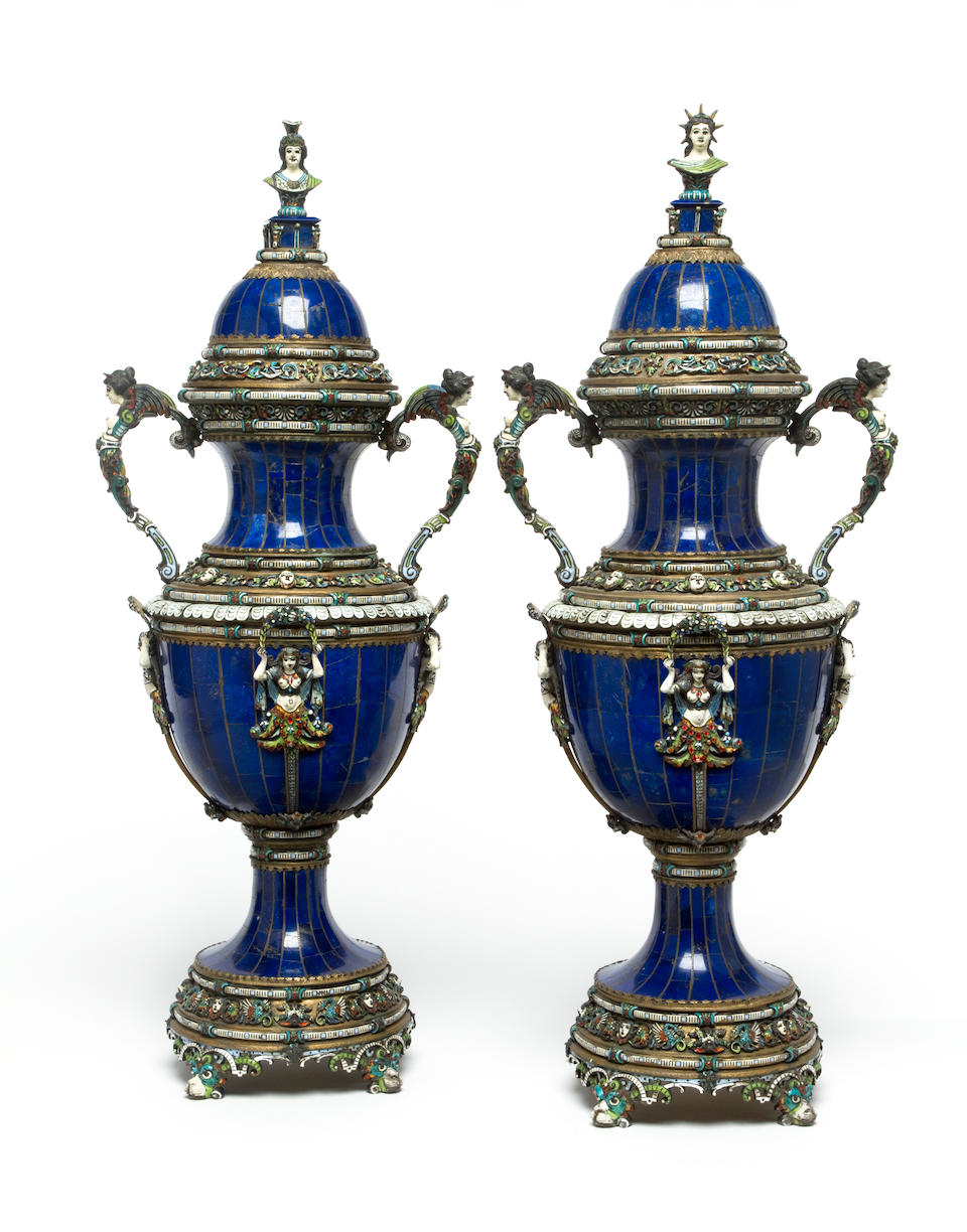 A fine pair of Viennese lapis clad and enameled silver two-handled covered vases 19th century