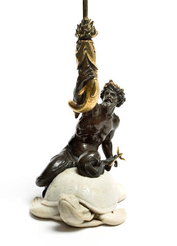 A fine American parcel gilt, patinated bronze and marble figural lamp Edward F. Caldwell & Co., New York, circa 1910