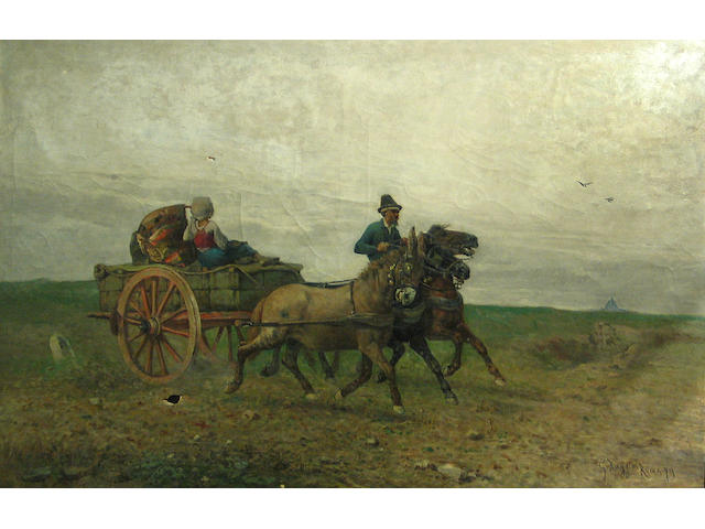 Giuseppe Raggio (Italian, 1823-1916) A horse cart and driver 29 x 45in