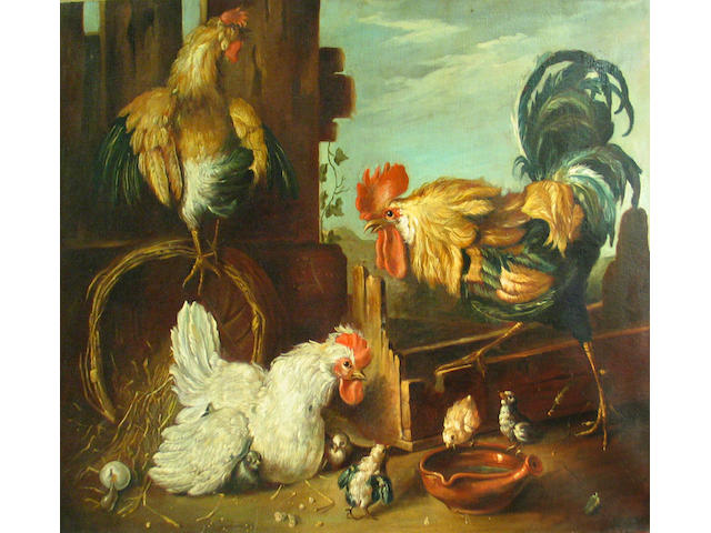 Italian School, 19th Century Two roosters and a hen with her chicks in a farmyard 37 x 50in unframed