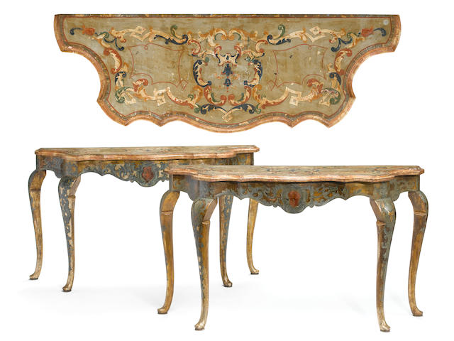 A pair of Venetian Rococo paint decorated and scagliola consoles mid 18th cenurty