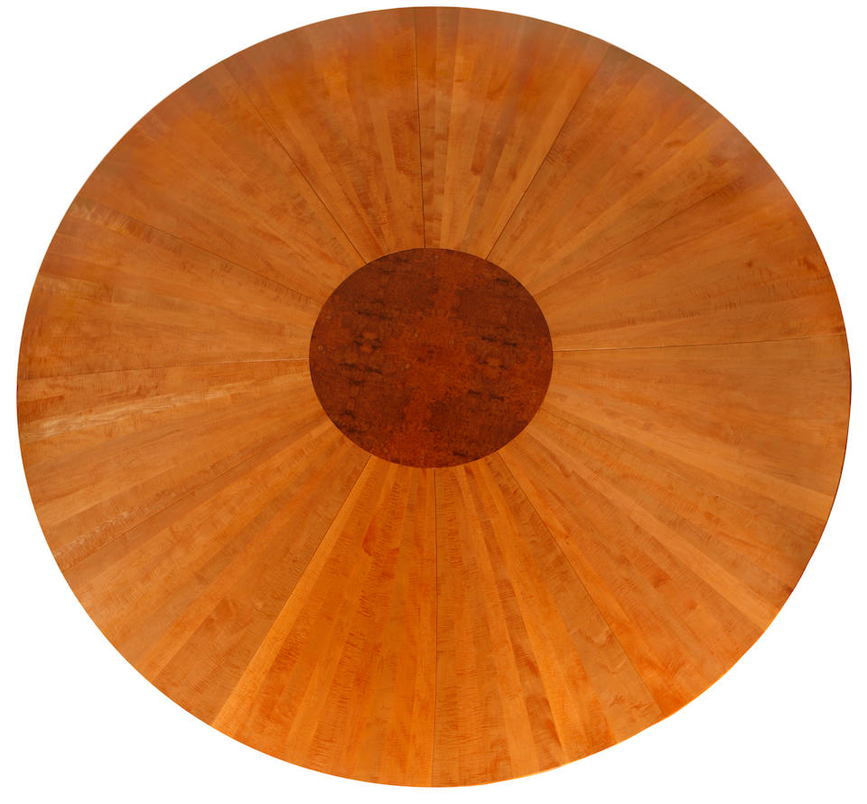 A monumental Sam Maloof fiddle back maple, burled elm and black walnut circular boardroom table circa 1990
