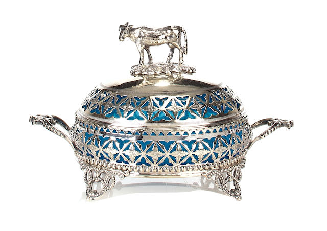 A French silver plated and turquoise glass covered butter dish circa 1900