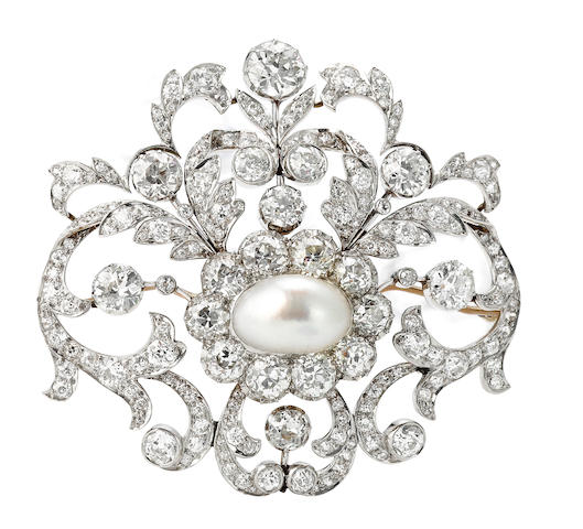 Bonhams : A belle époque diamond and natural pearl brooch,