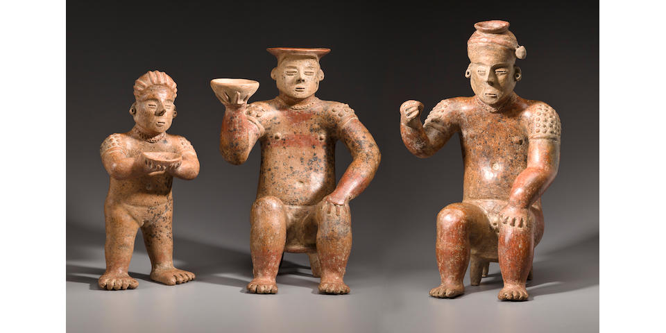Colima Seated Marriage Pair with Standing Attendant, Coahuayana Style, Protoclassic, ca. 100 B.C. - A.D. 250