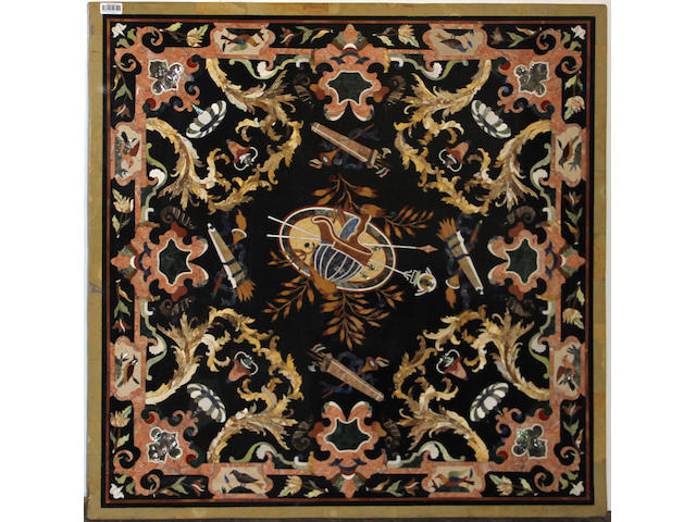 An Italian Baroque style figural and geometric inlaid pietra dura marble square table top