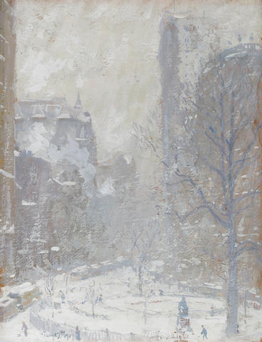 Colin Campbell Cooper (American, 1856-1937) Bowling Green, A Blizzard, 1907 14 x 10 1/2in