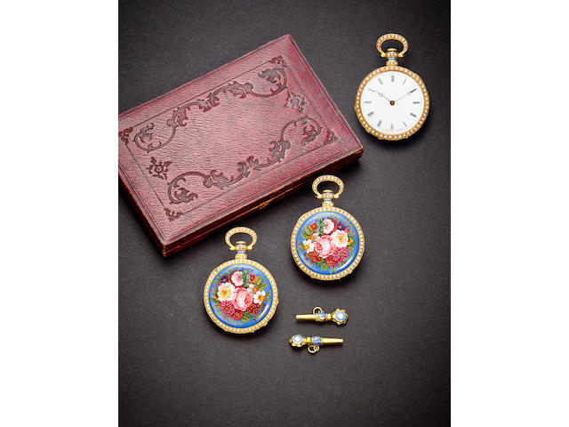 Boyer &#224; Gen&#232;ve. A fine and very rare mirror image pair of floral enameled 18K gold watches in original box with enameled keysNos. 9899 and 9900, circa 1850