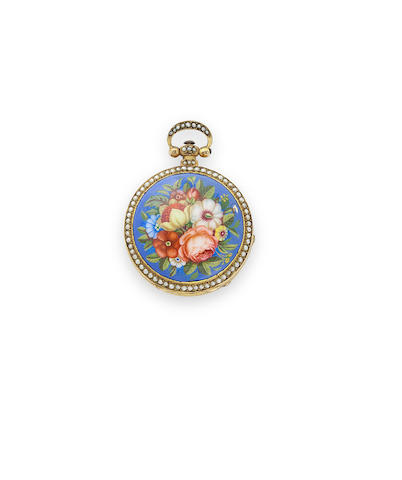 Dimier & Cie., Geneva. A rare floral enamel pearl-set gilt miniature verge watchCirca 1825
