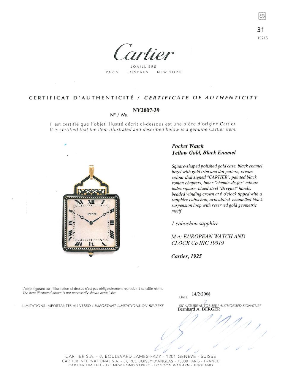 Cartier. A fine and rare enameled gold Art Deco pendant watchEuropean Watch and Clock Co., No. 19319, case with reference no. 145, sold 1925