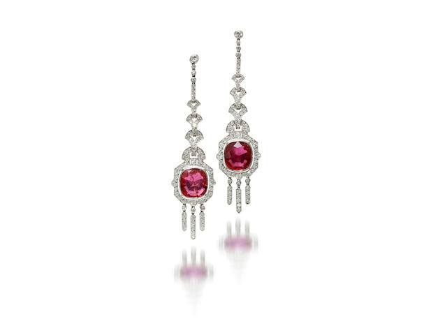 A pair of art deco ruby and diamond pendant earrings, Mauboussin,