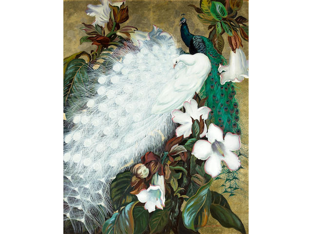 Jessie Arms Botke (American, 1883-1971) White and blue peacocks 30 x 24in (overall: 40 1/2 x 34 1/2in)