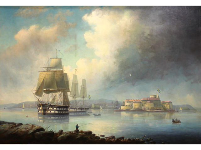 Alfred Wistr&#246;m (Swedish, 1833-1873) Ships in a Swedish harbor with a castle beyond 39 x 55in