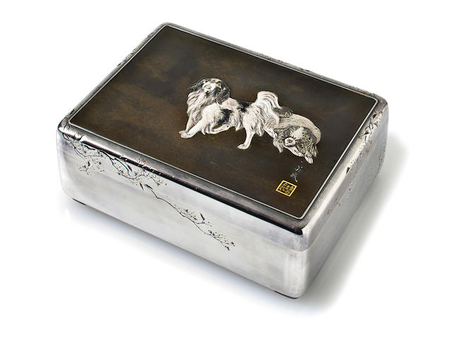 A Imperial presentation silver and mixed-metal tobacco box By Unno Bisei [Yoshimori II (1864-1919)] and Unno Shomin (1844-1915), early 20th century