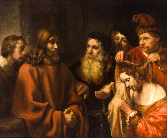 Bonhams : Manner of Rembrandt Harmensz. van Rijn Christ and the woman taken  into adultery 45 x 54in (114 x 137cm)