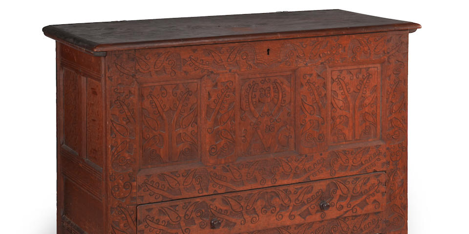 The Foote family carved oak chest Hadley-Hatfield, Massachusetts  circa 1690-1710