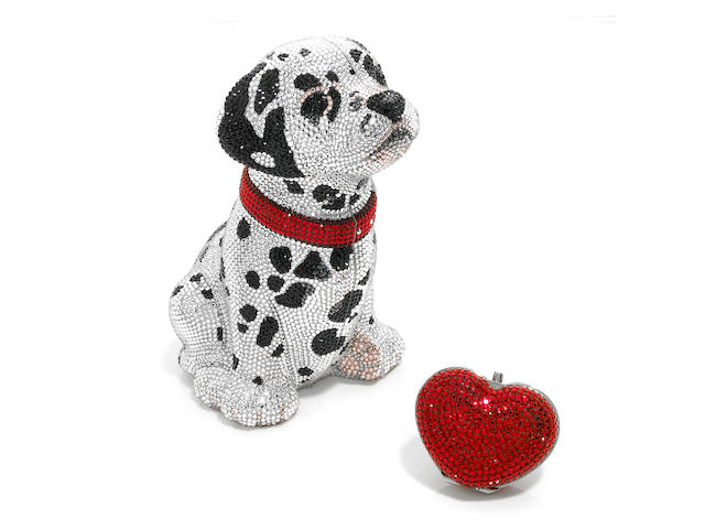 A Dalmatian minaudiere together with a red crystal heart pillbox,