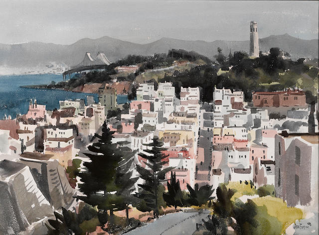 Jade Fon (American, 1911-1983) View of Coit Tower and the Bay Bridge, San Francisco 21 x 29in