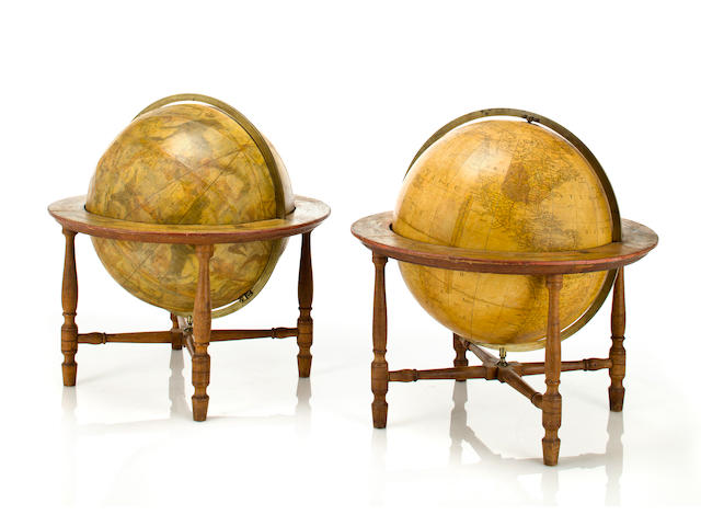 A pair of 13-inch table globes 1811-[1814?] 18 in (47 cm.) overall height.